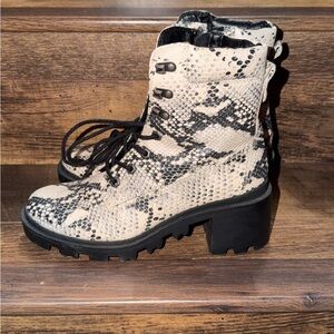 Madden Girl White and Black Snake-Print Lug Combat Boots